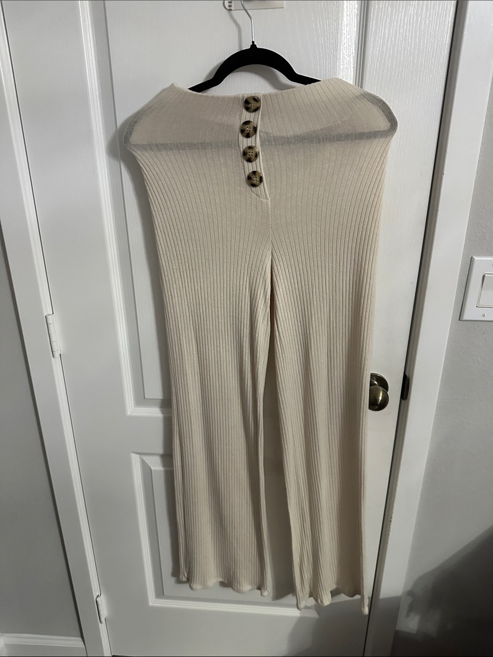 Ribbed Scoop Neck Long Sleeve Cream crop top two piece outfit with Button Detail - Picture 4 of 4